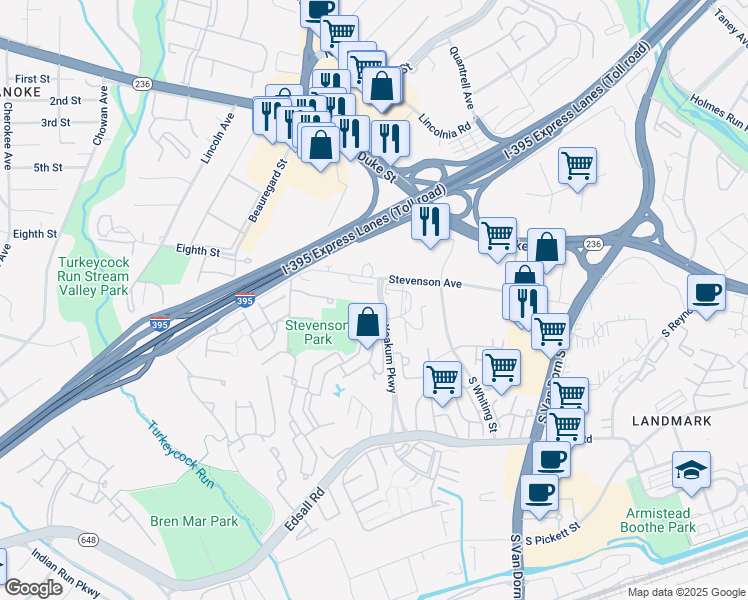 map of restaurants, bars, coffee shops, grocery stores, and more near 205 Yoakum Parkway in Alexandria