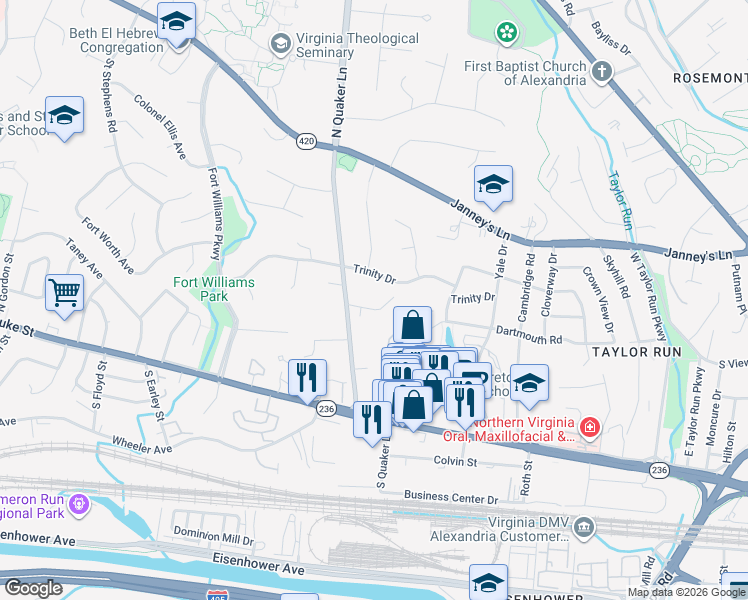 map of restaurants, bars, coffee shops, grocery stores, and more near 1403 Coventry Lane in Alexandria