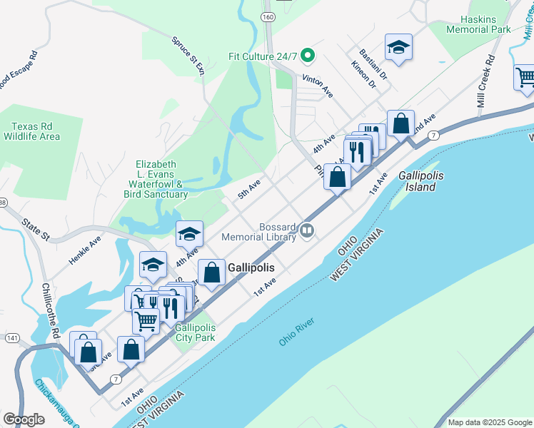 map of restaurants, bars, coffee shops, grocery stores, and more near 628 3rd Avenue in Gallipolis