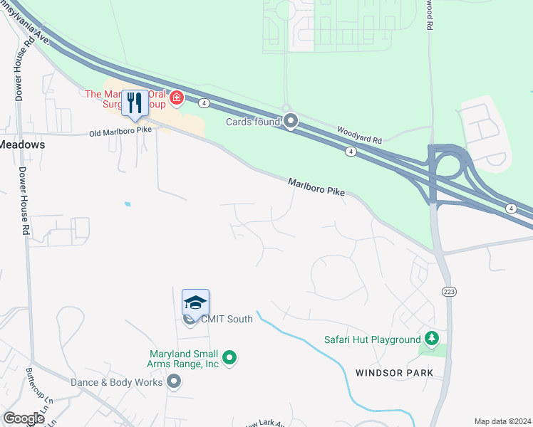 map of restaurants, bars, coffee shops, grocery stores, and more near 5613 Havenwood Court in Upper Marlboro
