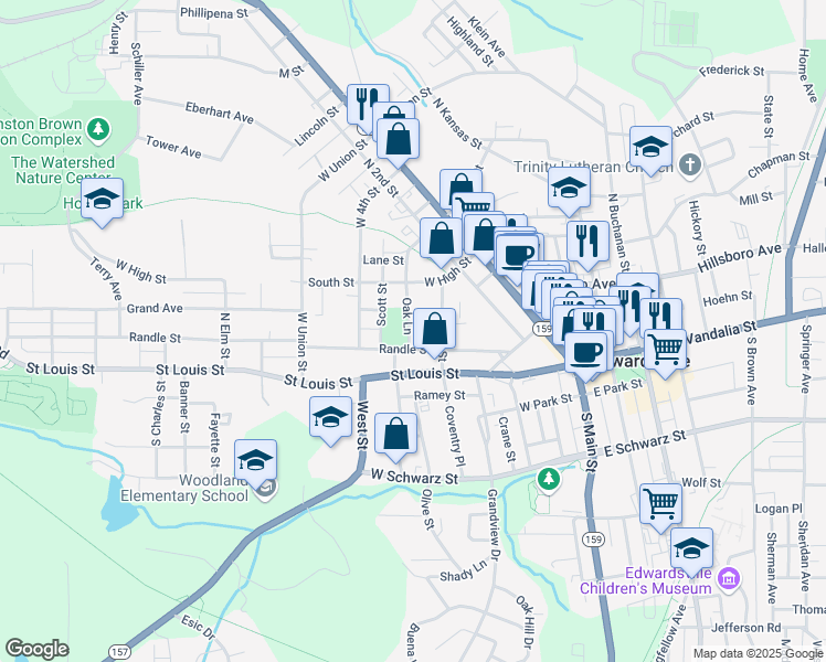 map of restaurants, bars, coffee shops, grocery stores, and more near 521 Center Street in Edwardsville