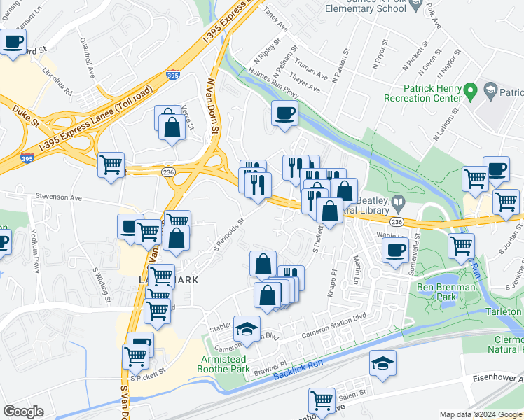 map of restaurants, bars, coffee shops, grocery stores, and more near 34 South Reynolds Street in Alexandria