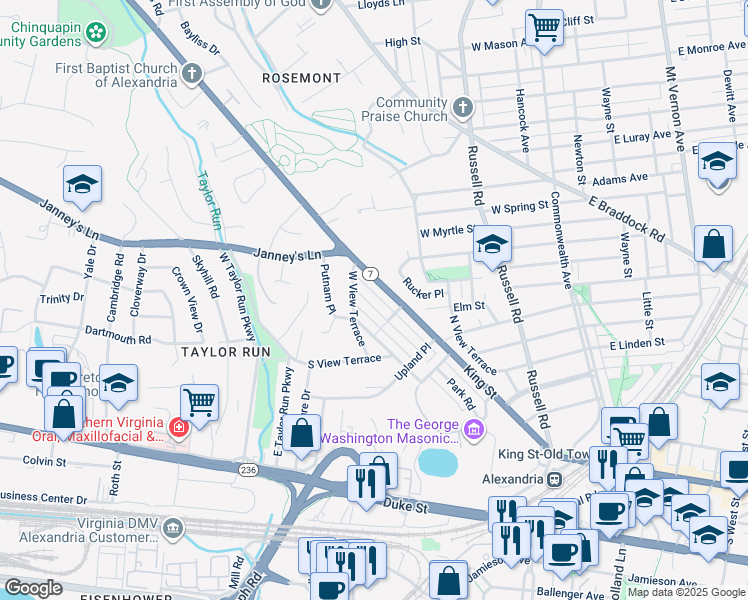 map of restaurants, bars, coffee shops, grocery stores, and more near 705 Braxton Place in Alexandria