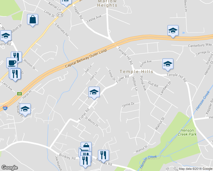map of restaurants, bars, coffee shops, grocery stores, and more near 5613 Fisher Road in Temple Hills