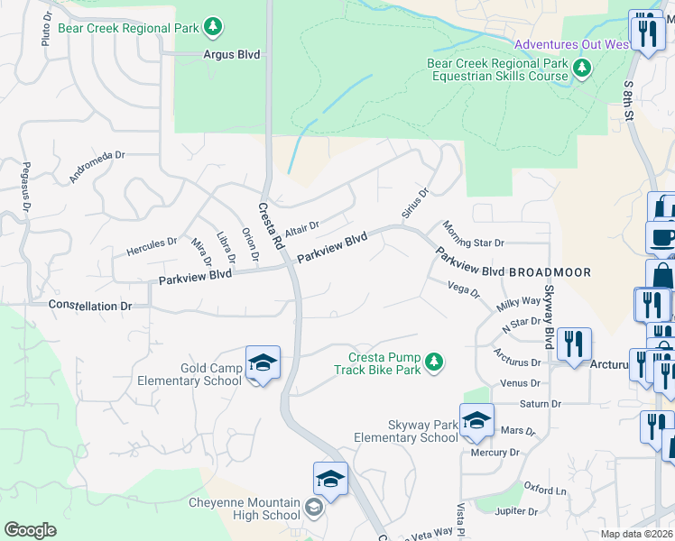 map of restaurants, bars, coffee shops, grocery stores, and more near 1509 Alpha Court in Colorado Springs
