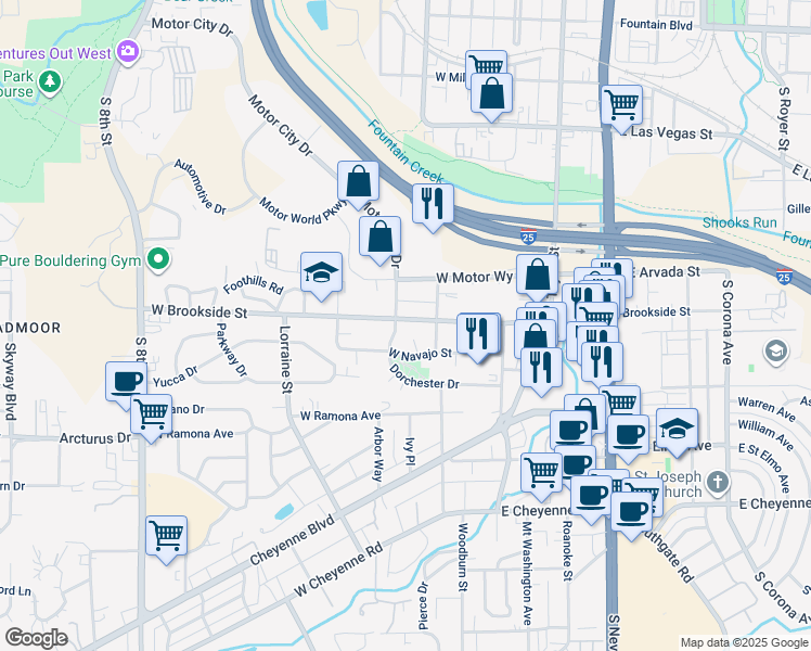 map of restaurants, bars, coffee shops, grocery stores, and more near 113 West Brookside Street in Colorado Springs