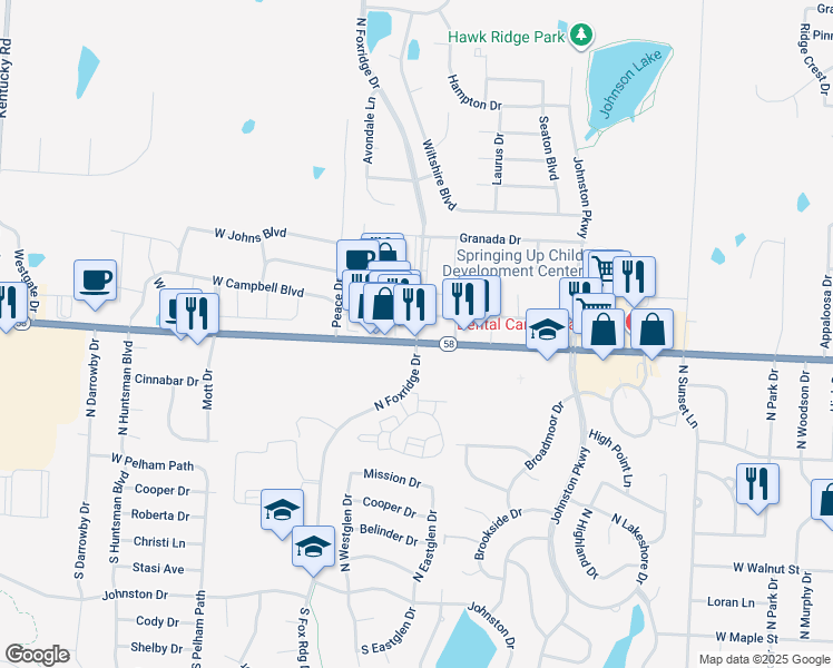map of restaurants, bars, coffee shops, grocery stores, and more near 443 North Foxridge Drive in Raymore