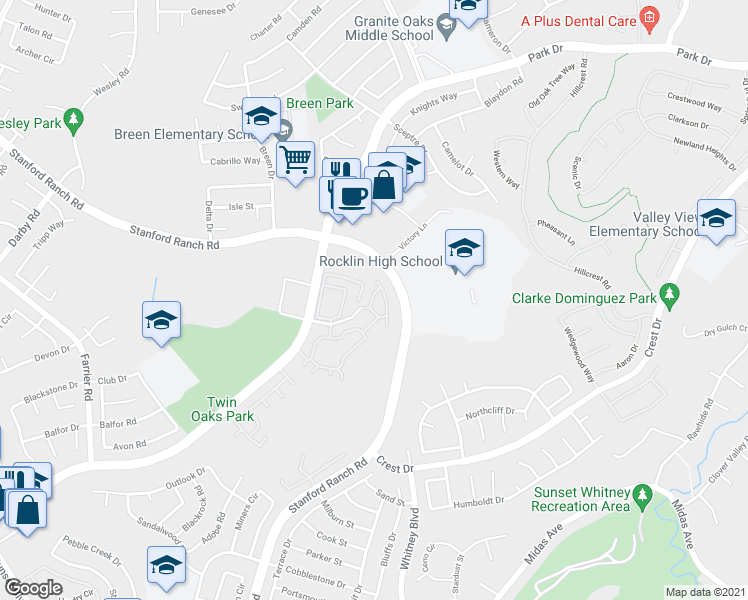 map of restaurants, bars, coffee shops, grocery stores, and more near 3220 Santa Fe Way in Rocklin
