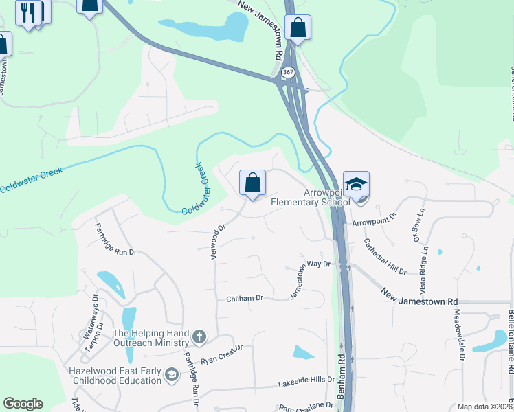 map of restaurants, bars, coffee shops, grocery stores, and more near 6812 Foxbend Court in Florissant
