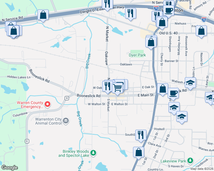map of restaurants, bars, coffee shops, grocery stores, and more near 203 North Market Street in Warrenton