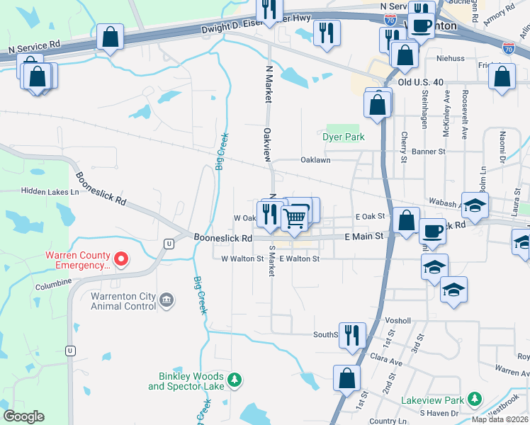map of restaurants, bars, coffee shops, grocery stores, and more near 203 North Market Street in Warrenton