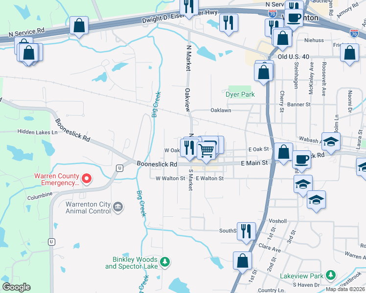 map of restaurants, bars, coffee shops, grocery stores, and more near 203 North Market Street in Warrenton