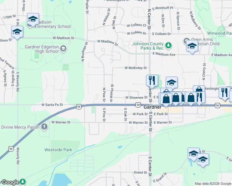 map of restaurants, bars, coffee shops, grocery stores, and more near 221 West Washington Street in Gardner
