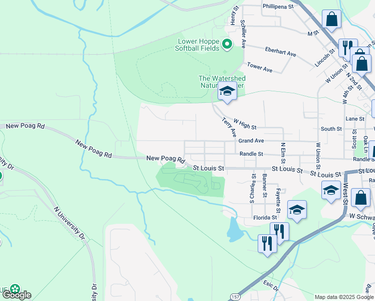 map of restaurants, bars, coffee shops, grocery stores, and more near 1433 Randle Street in Edwardsville