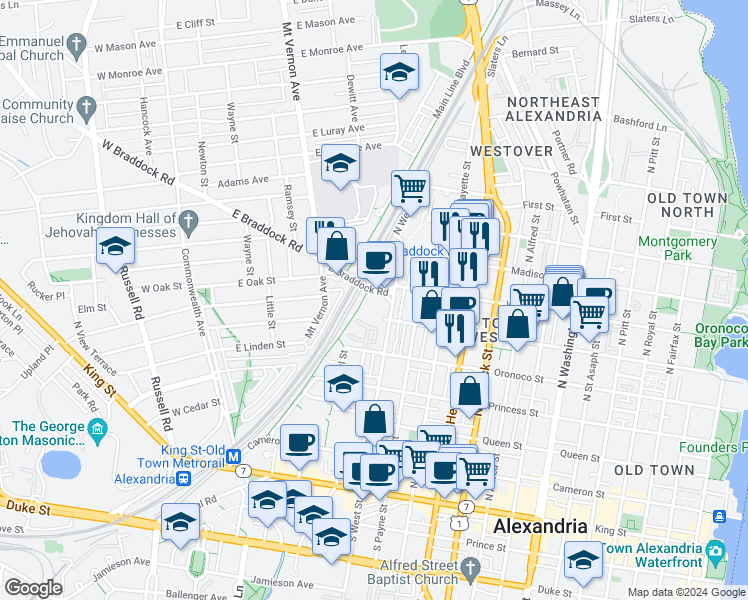map of restaurants, bars, coffee shops, grocery stores, and more near 545 East Braddock Road in Alexandria