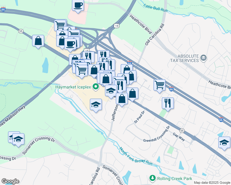 map of restaurants, bars, coffee shops, grocery stores, and more near 15025 Washington Street in Haymarket