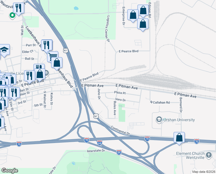 map of restaurants, bars, coffee shops, grocery stores, and more near 1416 East Pitman Street in Wentzville