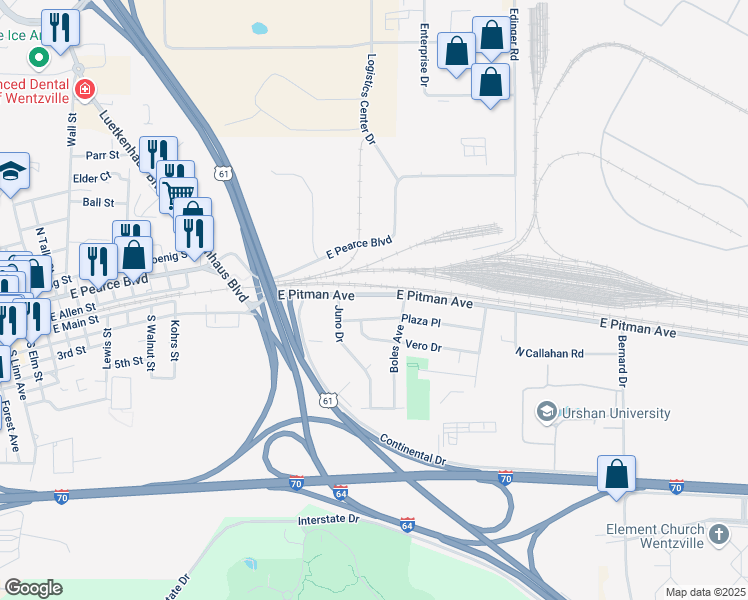 map of restaurants, bars, coffee shops, grocery stores, and more near 1412 East Pitman Avenue in Wentzville