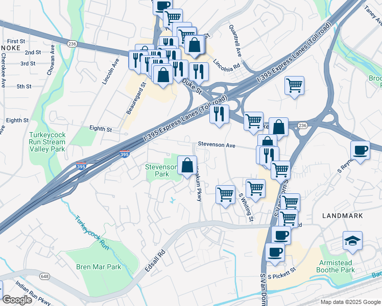 map of restaurants, bars, coffee shops, grocery stores, and more near 203 Yoakum Parkway in Alexandria