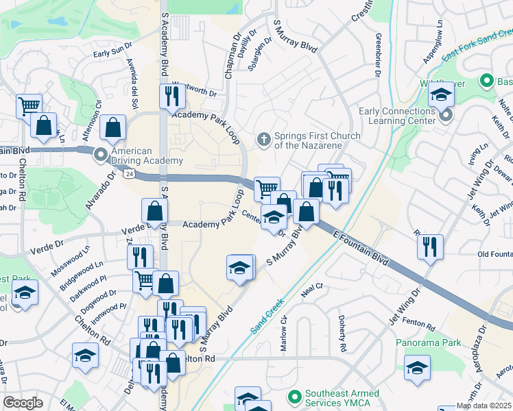 map of restaurants, bars, coffee shops, grocery stores, and more near 4121-4195 East Fountain Boulevard in Colorado Springs