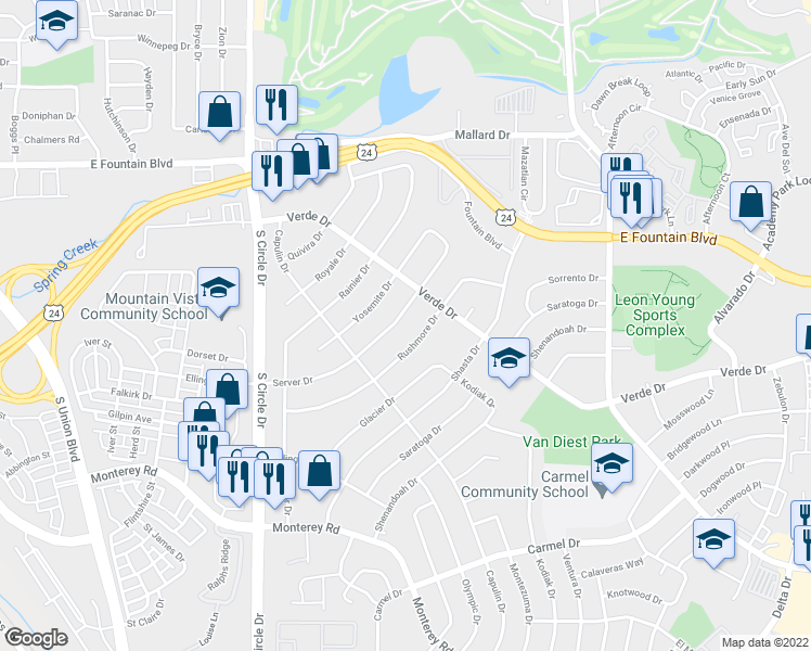 map of restaurants, bars, coffee shops, grocery stores, and more near 1326 Server Drive in Colorado Springs