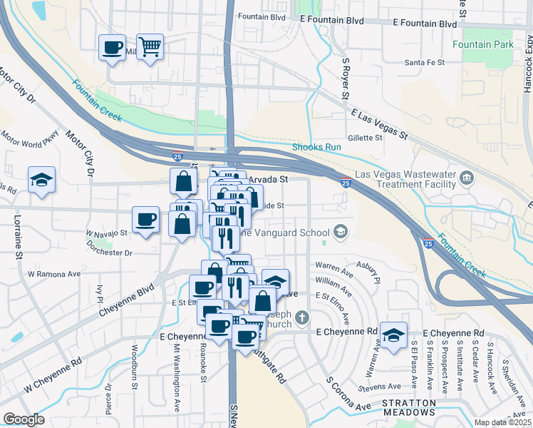 map of restaurants, bars, coffee shops, grocery stores, and more near 319 East Brookside Street in Colorado Springs