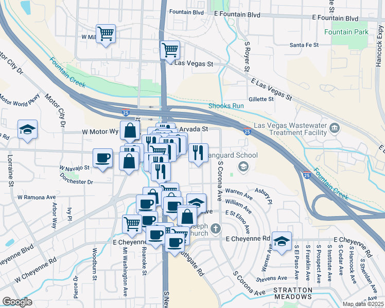 map of restaurants, bars, coffee shops, grocery stores, and more near 319 East Brookside Street in Colorado Springs