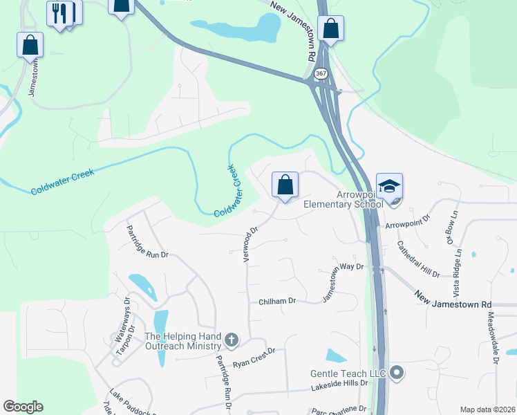 map of restaurants, bars, coffee shops, grocery stores, and more near 6783 Finchdale Court in Florissant