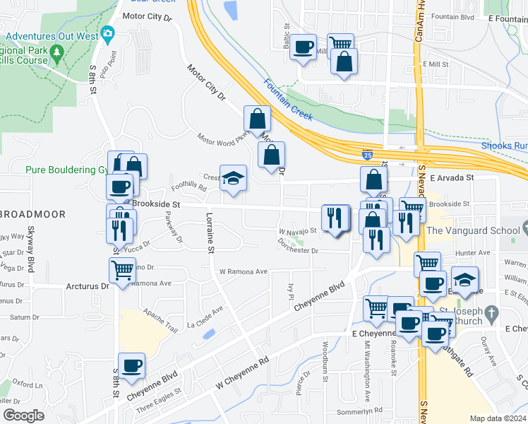 map of restaurants, bars, coffee shops, grocery stores, and more near 207 West Brookside Street in Colorado Springs