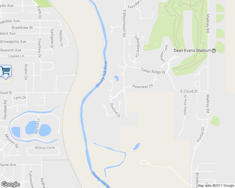 map of restaurants, bars, coffee shops, grocery stores, and more near Riverrun Parkway in Salina