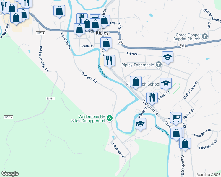 map of restaurants, bars, coffee shops, grocery stores, and more near 637 Klondyke Road in Ripley