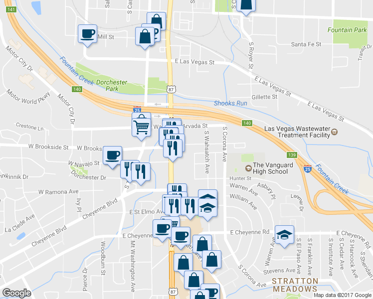 map of restaurants, bars, coffee shops, grocery stores, and more near 221 East Brookside Street in Colorado Springs