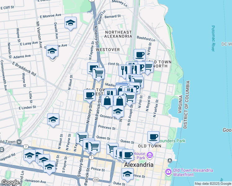 map of restaurants, bars, coffee shops, grocery stores, and more near 712 North Columbus Street in Alexandria