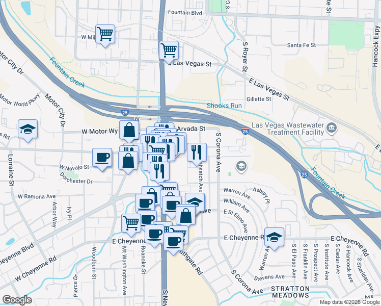 map of restaurants, bars, coffee shops, grocery stores, and more near 319 East Brookside Street in Colorado Springs