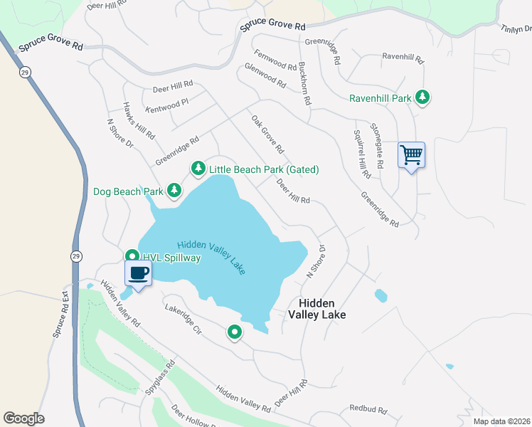 map of restaurants, bars, coffee shops, grocery stores, and more near 18793 North Shore Drive in Hidden Valley Lake