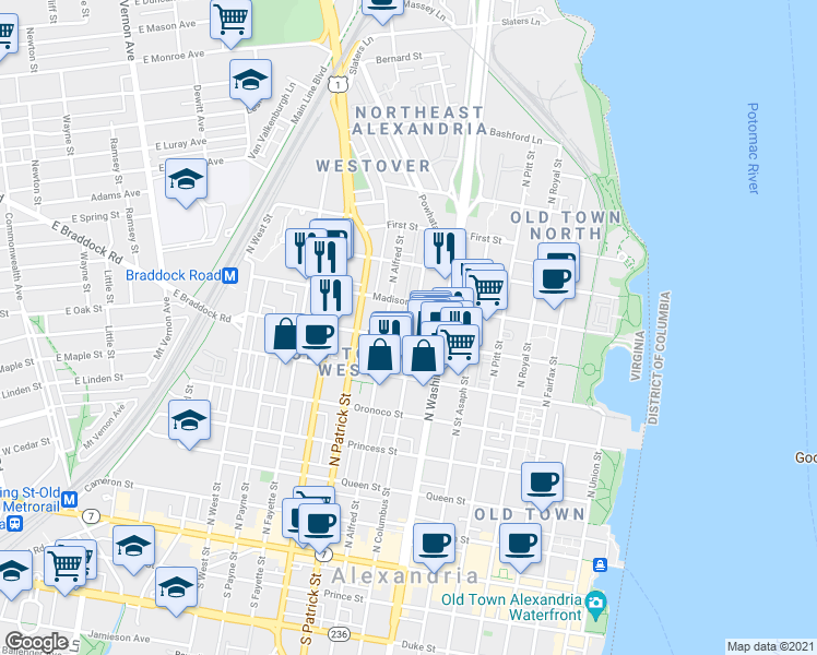 map of restaurants, bars, coffee shops, grocery stores, and more near 712 North Columbus Street in Alexandria