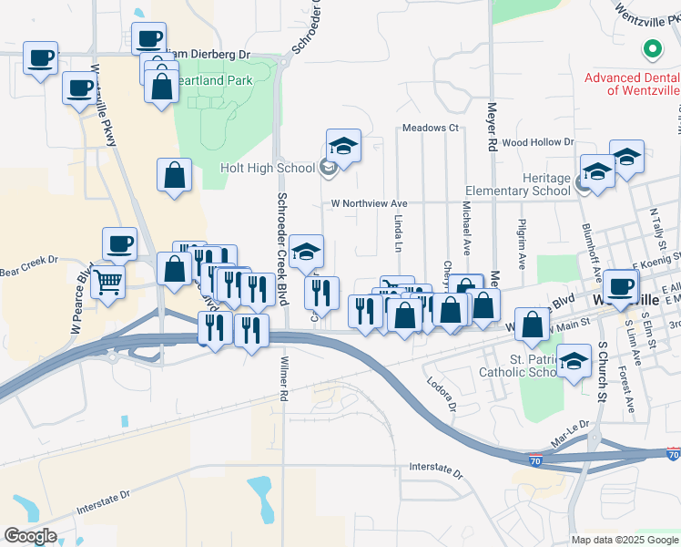 map of restaurants, bars, coffee shops, grocery stores, and more near 202 Saint Charles Street in Wentzville