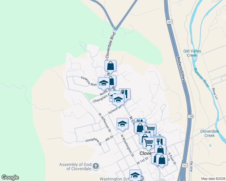 map of restaurants, bars, coffee shops, grocery stores, and more near 2 Champlain Avenue in Cloverdale