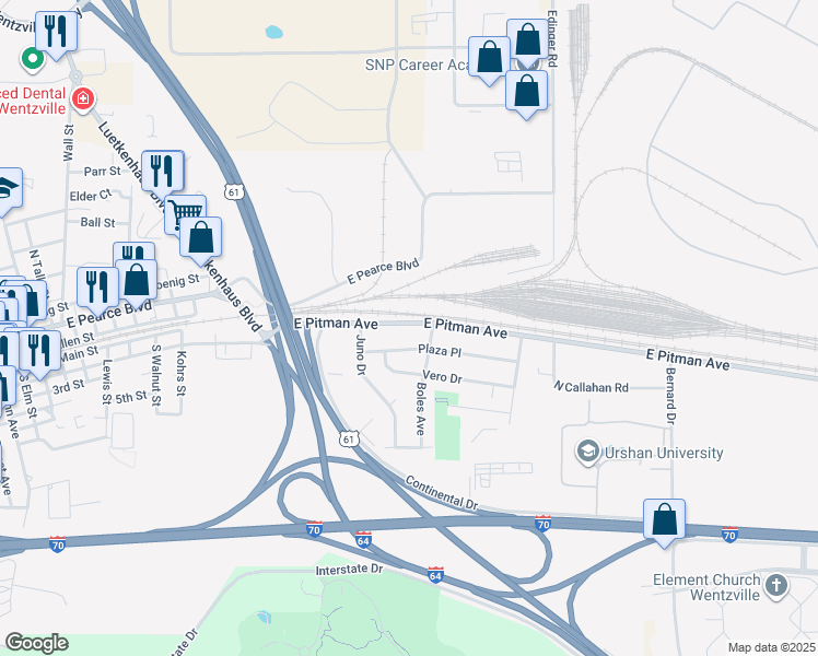 map of restaurants, bars, coffee shops, grocery stores, and more near 1416 East Pitman Street in Wentzville
