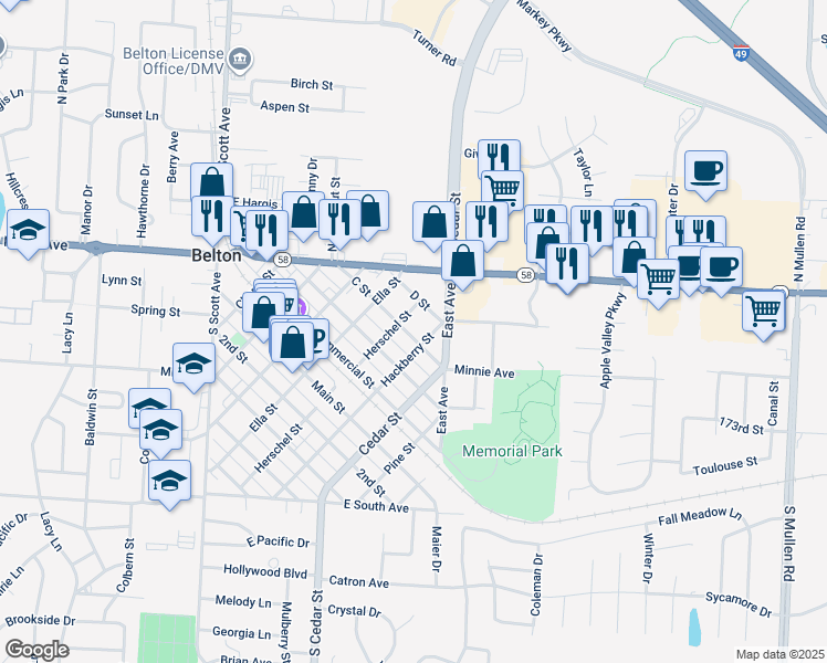 map of restaurants, bars, coffee shops, grocery stores, and more near 615 C Street in Belton