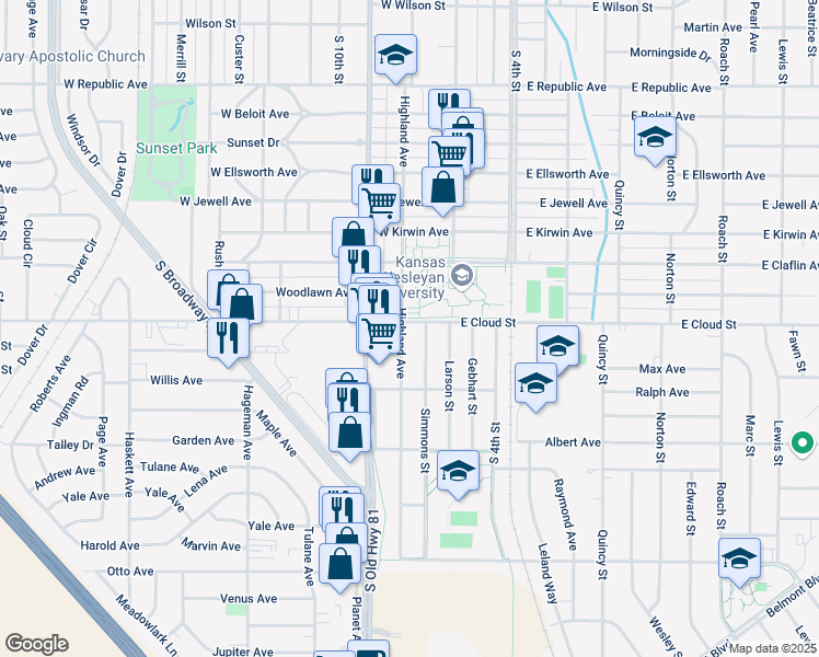 map of restaurants, bars, coffee shops, grocery stores, and more near 129 W Cloud St in Salina