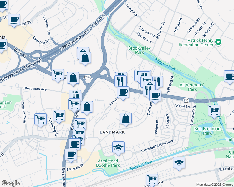 map of restaurants, bars, coffee shops, grocery stores, and more near 12 South Van Dorn Street in Alexandria