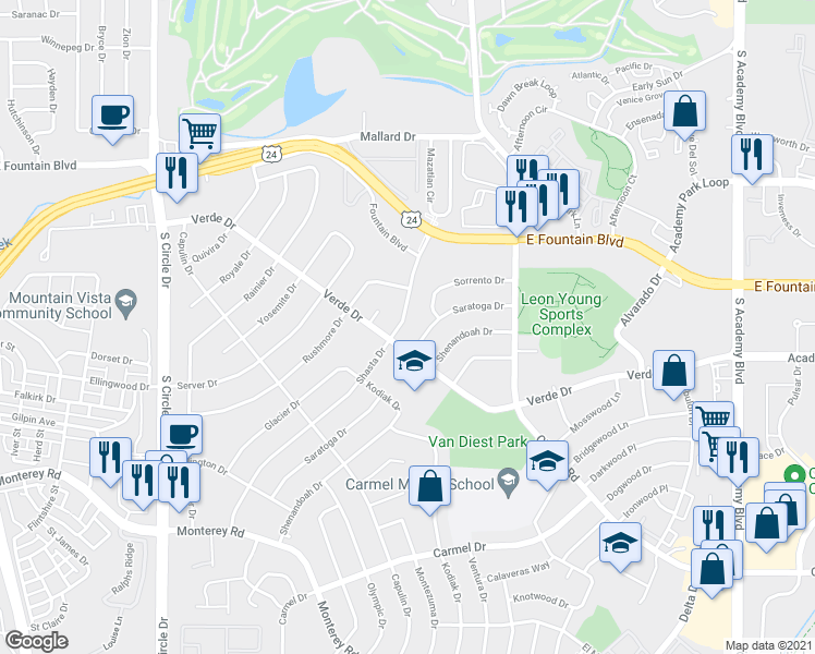 map of restaurants, bars, coffee shops, grocery stores, and more near 1323 Shasta Drive in Colorado Springs