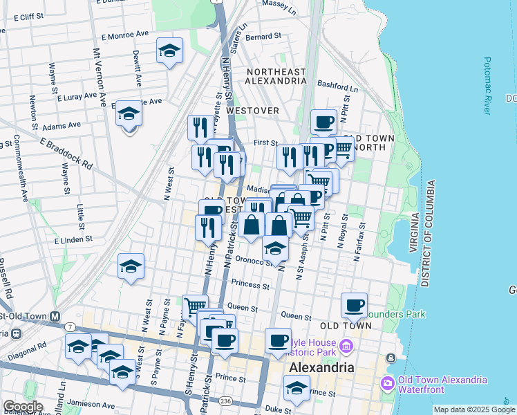 map of restaurants, bars, coffee shops, grocery stores, and more near 709 North Alfred Street in Alexandria
