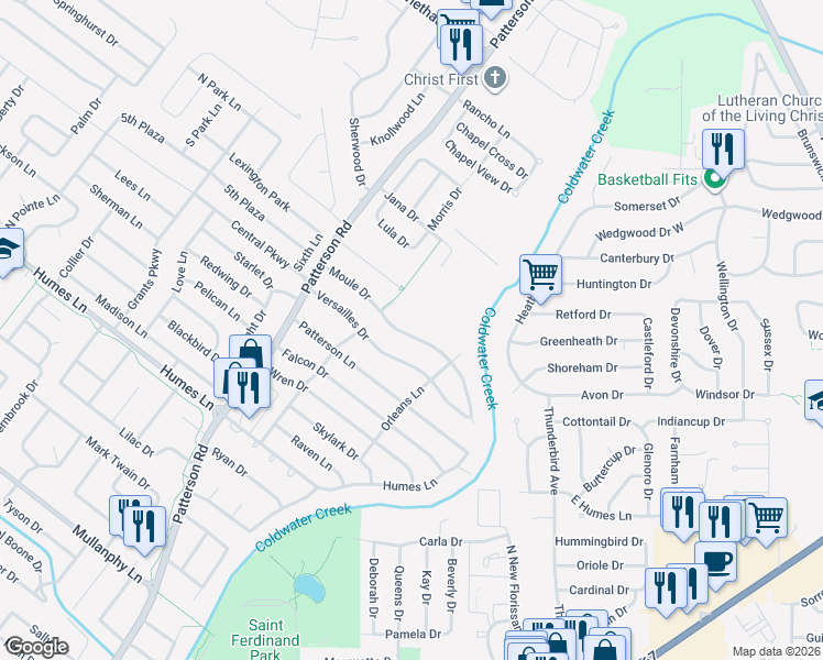 map of restaurants, bars, coffee shops, grocery stores, and more near 405 Moule Drive in Florissant