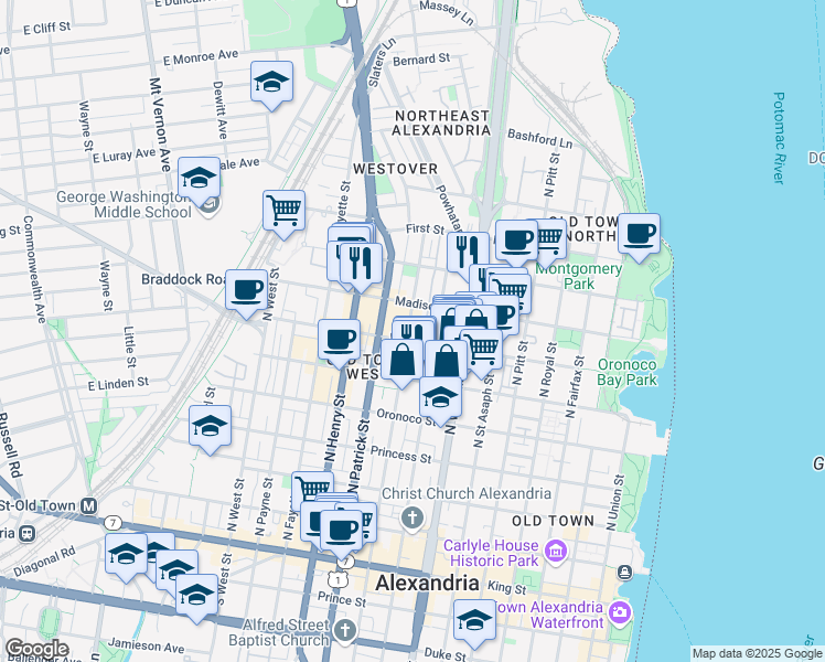map of restaurants, bars, coffee shops, grocery stores, and more near 709 North Alfred Street in Alexandria