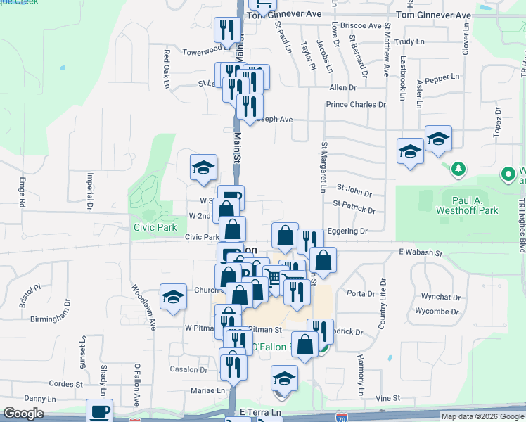 map of restaurants, bars, coffee shops, grocery stores, and more near 204 North Main Street in O'Fallon