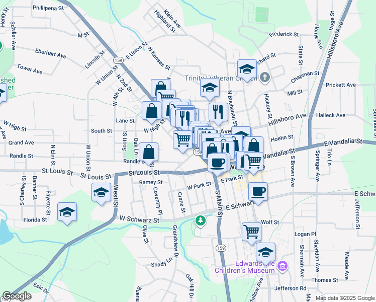 map of restaurants, bars, coffee shops, grocery stores, and more near 155 North Main Street in Edwardsville