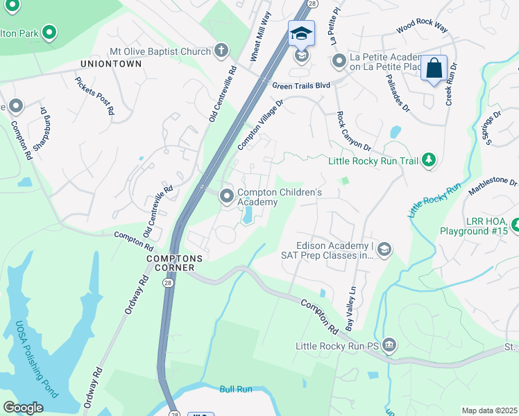 map of restaurants, bars, coffee shops, grocery stores, and more near 6886 Ridge Water Court in Centreville