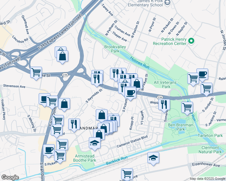 map of restaurants, bars, coffee shops, grocery stores, and more near 5260 Duke Street in Alexandria